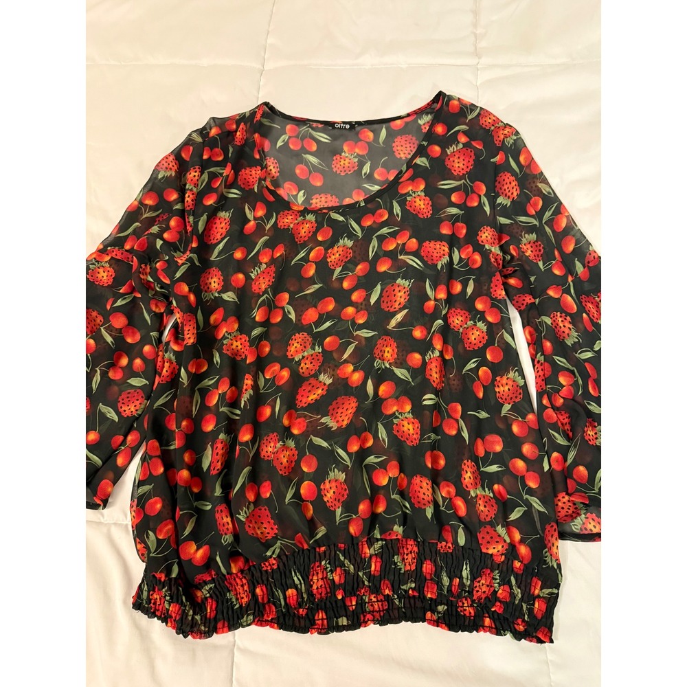 Oltre Womens Sheer Fruit Print Blouse Black Red Strawberry Cherry Smocked Waist